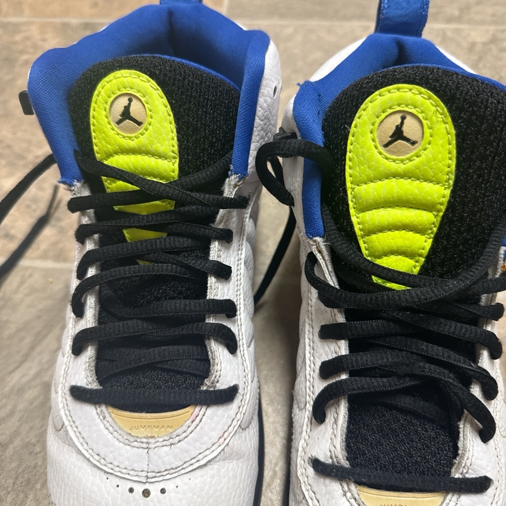 Jordan Kids Sneakers in White, Blue, and Neon Yellow